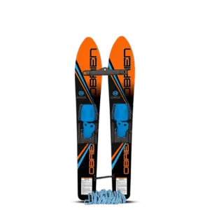 Top and base view of the O'Brien All-Star Trainer Waterskis in orange and black with blue child-friendly adjustable bindings.