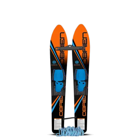 Top and base view of the O'Brien All-Star Trainer Waterskis in orange and black with blue child-friendly adjustable bindings.