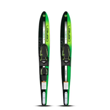 Obrien Celebrity 58 Combo Waterskis Featured 01 Top view of both skis showing green and black graphics on O'Brien Celebrity 58" combo waterskis.