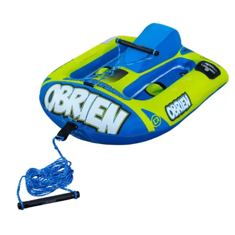 Obrien Simple Trainer Inflatable Ski Detail 02 Angled front view of the O'Brien Simple Trainer Inflatable Ski in blue and green with ropes.
