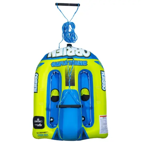 Obrien Simple Trainer Inflatable Ski Detail 03 Top view of the O'Brien Simple Trainer Inflatable Ski in green and blue with bold branding.