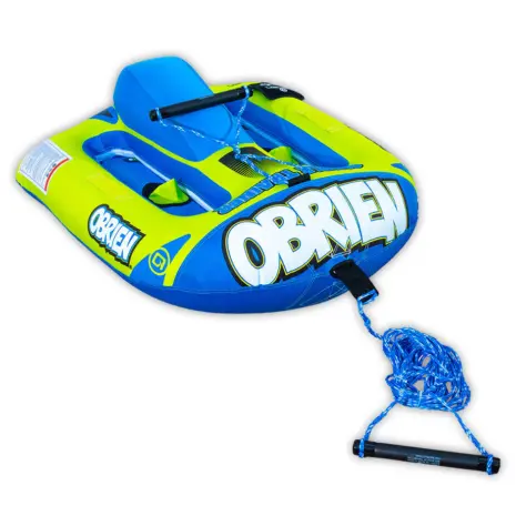 Obrien Simple Trainer Inflatable Ski Featured 01 Angled view of the O'Brien Simple Trainer Inflatable Ski in blue and lime green with a soft seat, foot straps, and tow rope.