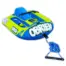 Angled view of the O'Brien Simple Trainer Inflatable Ski in blue and lime green with a soft seat, foot straps, and tow rope.