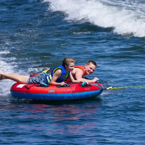 O’Brien 2026 Super Screamer in Use Two riders using the O’Brien 2026 Super Screamer boat tube