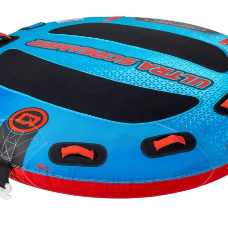 Obrien Ultra Screamer Towable Tube Detail 03 Angled view of Ultra Screamer towable tube with blue deck, black pads, and multiple red handles.