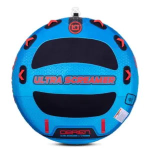 Front view of Ultra Screamer towable tube in blue with black pads, red handles, and center logo.