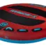 Angled view of X-Scream towable tube with red deck, black pads, and multiple blue handles.