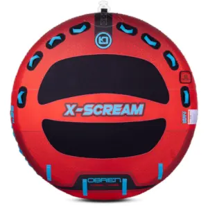 Front view of X-Scream towable tube in red with black pads, blue handles, and center logo.