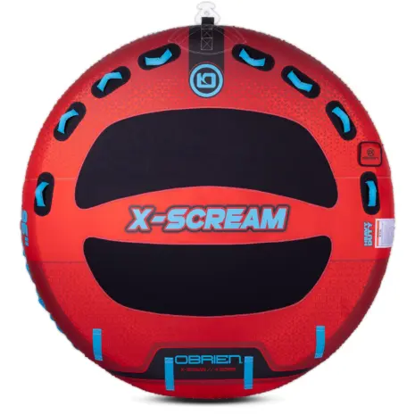 Obrien X Scream Boat Tube Featured 01 Front view of X-Scream towable tube in red with black pads, blue handles, and center logo.