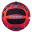 Front view of X-Scream towable tube in red with black pads, blue handles, and center logo.
