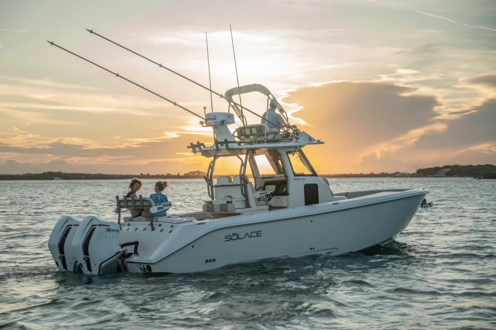 Garmin-equipped powerboat at golden hour