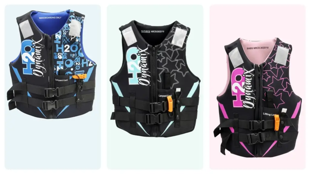 H2O Dynamix colourful neoprene PFD range Blue, turquoise and pink H2O Dynamix neoprene PFDs