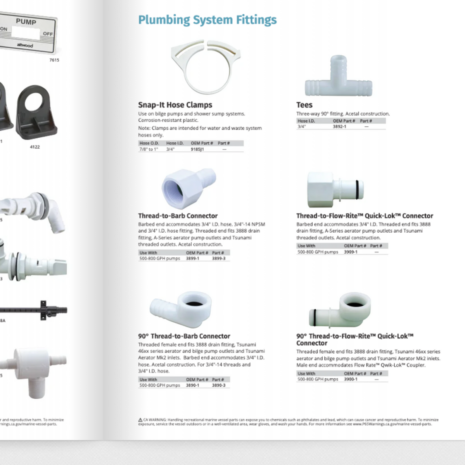 Attwood 3890 Connector Catalogue Specification Official Attwood catalogue page identifying 3890-1 and 3890-3 90-degree thread-to-barb connector specifications