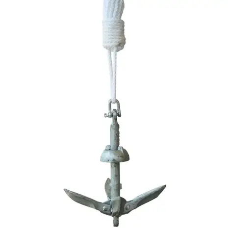 Aqua Marina anchor kit - folding anchor hanging from a white rope on a white background Aqua Marina anchor kit - folding anchor hanging from a white rope on a white background
