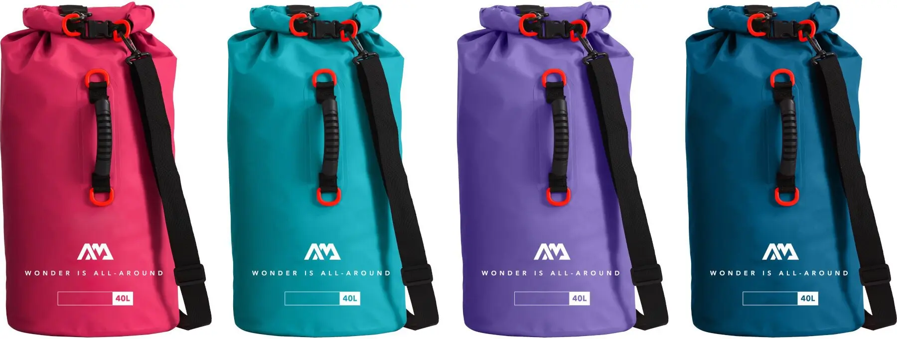 Aqua Marina Aqua 40L Dry Bag – Updated Design 1 Aqua Marina 40L dry bags - pink aqua purple and navy roll-top dry bags with shoulder straps