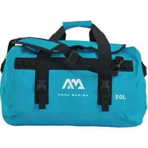 Aqua Marina aqua 50L duffel bag - side view of the aqua bag with black handles and shoulder strap