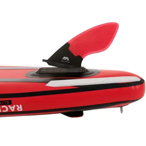 Aqua Marina fiberglass racing fin - fin mounted on a red paddle board Aqua Marina fiberglass racing fin - fin mounted on a red paddle board
