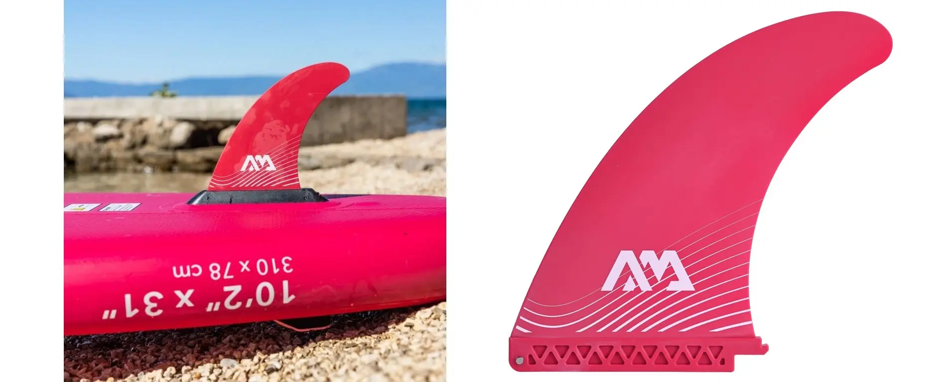Aqua Marina Pink SWIFT Fin 2 Aqua Marina SWIFT fin - pink fin mounted on a board beside a separate fin view