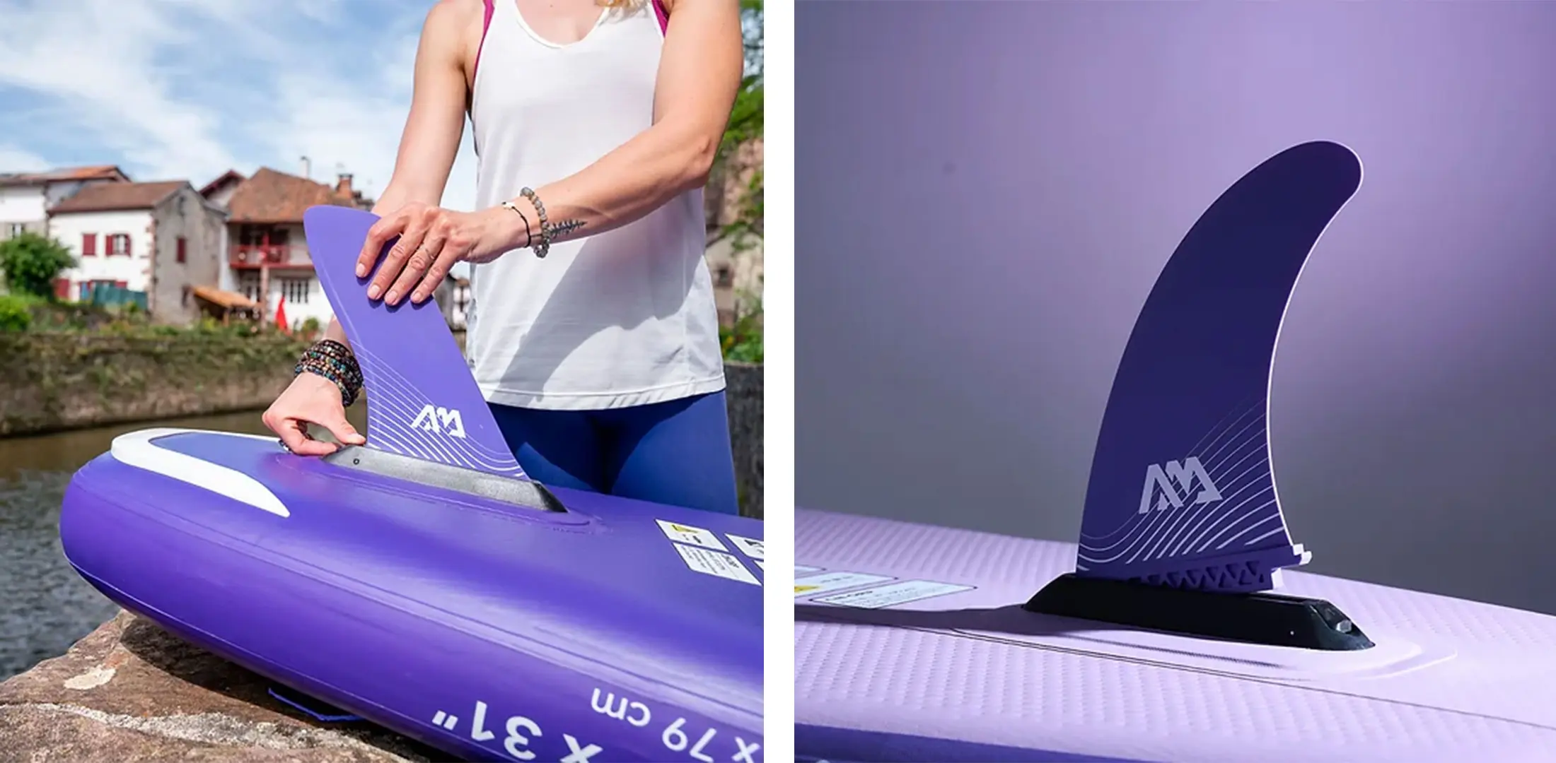 Aqua Marina Purple SWIFT Fin 2 Aqua Marina purple SWIFT fin - purple fin fitting and mounted fin on a paddle board