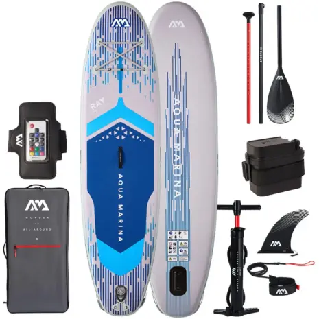 Aqua Marina Ray - board views with paddle, pump, bag, fin and lighting accessories Aqua Marina Ray - board views with paddle, pump, bag, fin and lighting accessories
