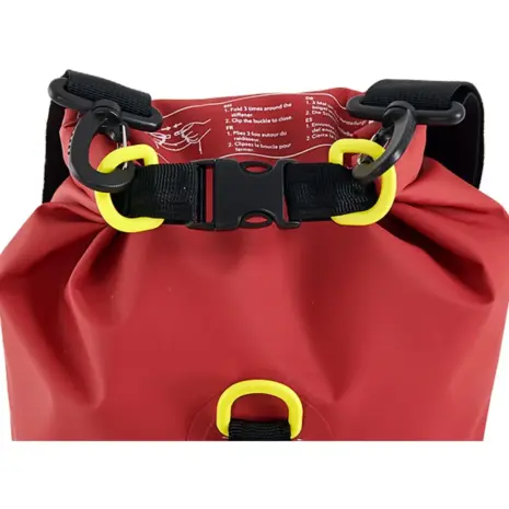 Aqua Marina red 40L dry bag - close-up of the roll-top closure and buckle Aqua Marina red 40L dry bag - close-up of the roll-top closure and buckle