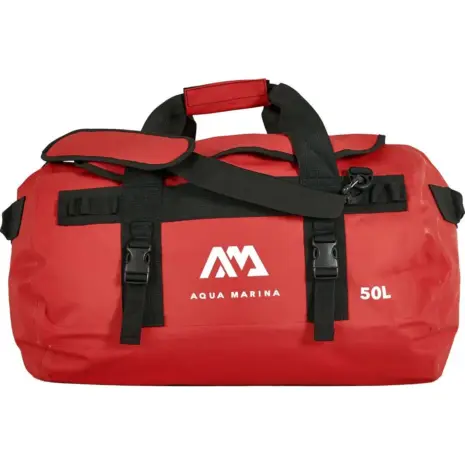 Aqua Marina red 50L duffel bag - side view of the red bag with black handles and shoulder strap Aqua Marina red 50L duffel bag - side view of the red bag with black handles and shoulder strap