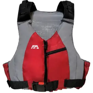 Aqua Marina Personal Flotation Device - front view of the red and grey vest, zip and buckle