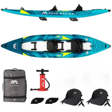 Aqua Marina STEAM 412 - kayak and accessories arranged together Aqua Marina STEAM 412 - kayak and accessories arranged together