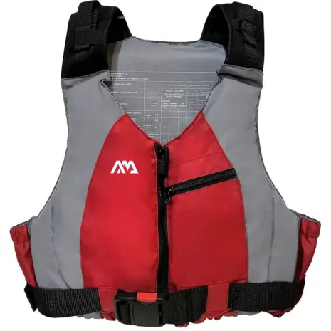 Aqua Marina Personal Flotation Device - front view of the red and grey vest, zip and buckle Aqua Marina Personal Flotation Device - front view of the red and grey vest, zip and buckle