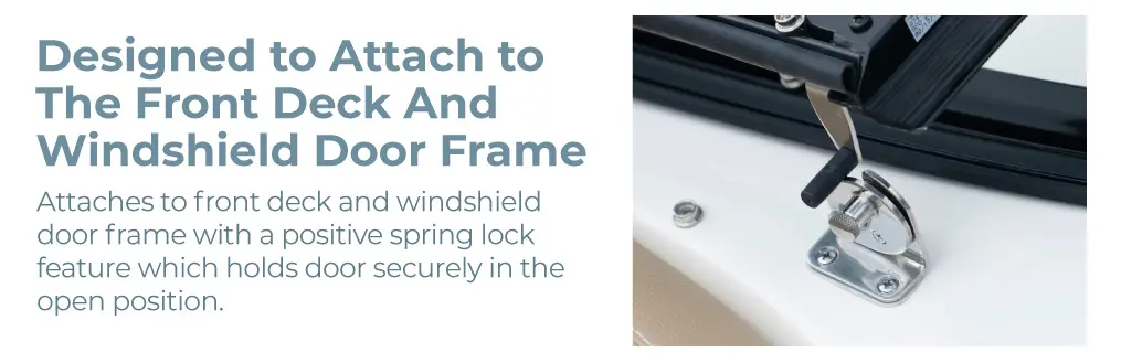 Attwood Stainless Steel Walk-Thru Windshield Latch 1 Attwood windshield latch - installation diagram and photograph of a latch holding a walk-through windshield open