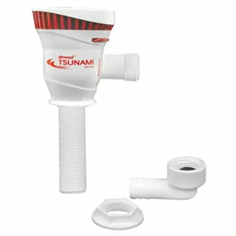 Attwood Tsunami pump - white cylindrical pump with threaded inlet and separate outlet fitting Attwood Tsunami pump - white cylindrical pump with threaded inlet and separate outlet fitting