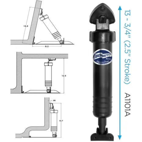 Bennett Hydraulic Actuator Assembly - black hydraulic actuator beside mounting diagrams and dimension labels Bennett Hydraulic Actuator Assembly - black hydraulic actuator beside mounting diagrams and dimension labels