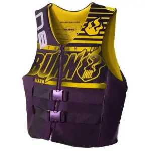 Burn 22 Ski Vest Life Jacket - front view of purple and yellow vest with zip and buckle straps