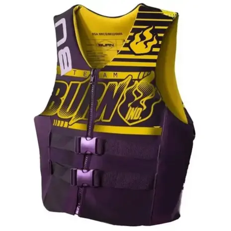 Burn 22 Ski Vest Life Jacket - front view of purple and yellow vest with zip and buckle straps Burn 22 Ski Vest Life Jacket - front view of purple and yellow vest with zip and buckle straps