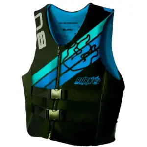 Burn 23 Ski Vest Life Jacket - front view of black and aqua vest with zip and buckle straps