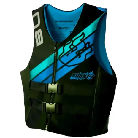Burn 23 Ski Vest Life Jacket - front view of black and aqua vest with zip and buckle straps Burn 23 Ski Vest Life Jacket - front view of black and aqua vest with zip and buckle straps