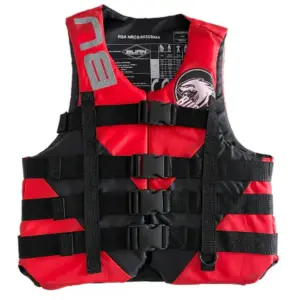 Burn Core Ski Vest Life Jacket - Red Black - front view of red and black vest with three buckle straps