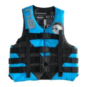 Burn Core Ski Vest Life Jacket - Teal - front view of black and teal vest with three buckle straps