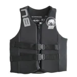 Burn Ski Vest Life Jacket - Black - front view of black vest with zip and buckle straps