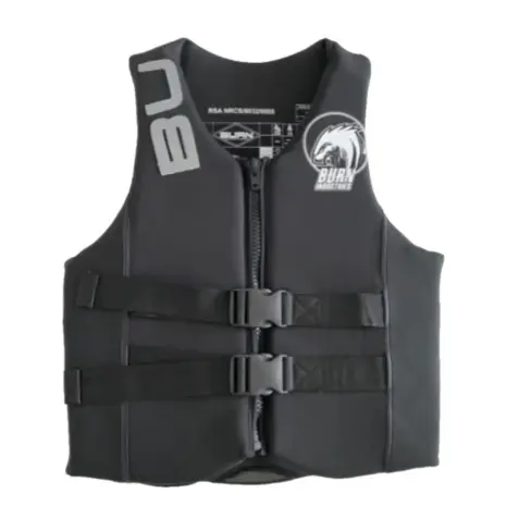 Burn Ski Vest Life Jacket - Black - front view of black vest with zip and buckle straps Burn Ski Vest Life Jacket - Black - front view of black vest with zip and buckle straps