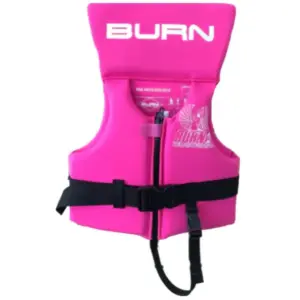 Burn Tantrum child life jacket - pink jacket with collar front zipper black waist strap and leg strap