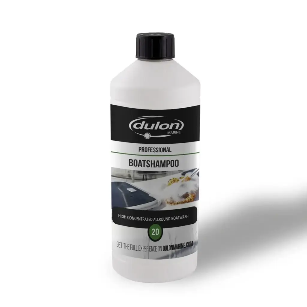 Dulon boat shampoo - white bottle with black cap and boat cleaning label