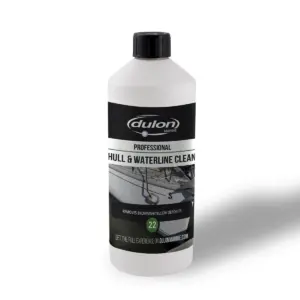 Dulon Hull and Waterline Clean - white bottle with black cap and boat label