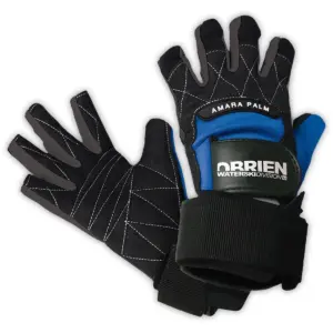 O’Brien Pro Skin waterski gloves - black and blue gloves showing the back and palm
