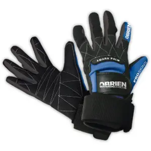 O’Brien Pro Skin full-finger waterski gloves - black and blue gloves showing the back and palm