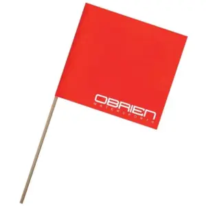 OBrien skier down flag - red flag with white logo on wooden pole