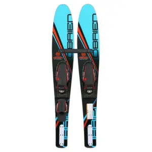 O’Brien Vortex junior combo waterskis - pair of aqua and black skis with bindings and connecting bar