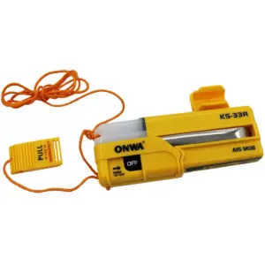 ONWA AIS MOB device - yellow device with orange lanyard and pull tab