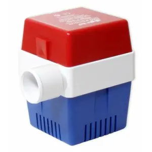 Rule 20A bilge pump - red and white pump with blue slotted base and side outlet