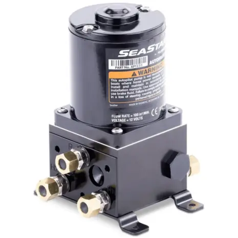 SeaStar AP1233 autopilot pump - black pump with brass fittings and mounting feet SeaStar AP1233 autopilot pump - black pump with brass fittings and mounting feet